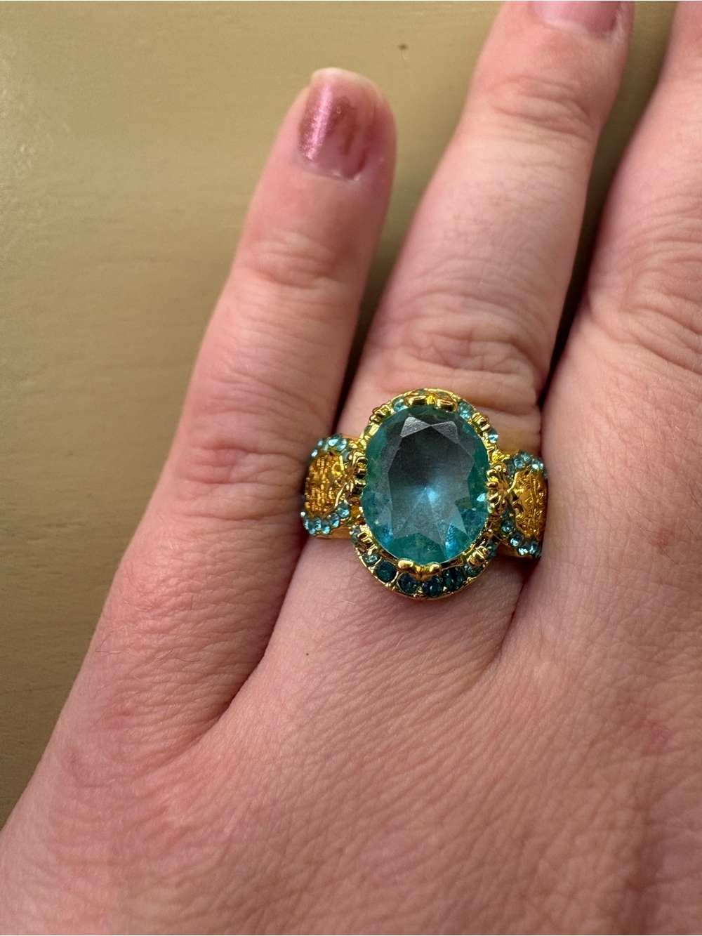 Gold-Tone Blue Oval Gem Statement Ring